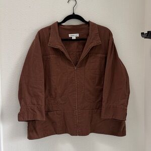 Natural Fiber Linen Cotton Zip Blazer Jacket Brown 3/4 Sleeve Coldwater Creek